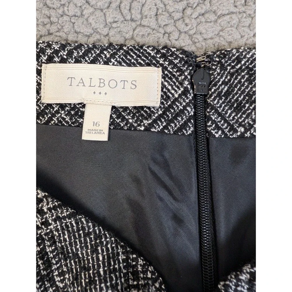 Talbots Tweed Skirt Faux Leather Trim Pockets Lined Black White Sz 16 Academia